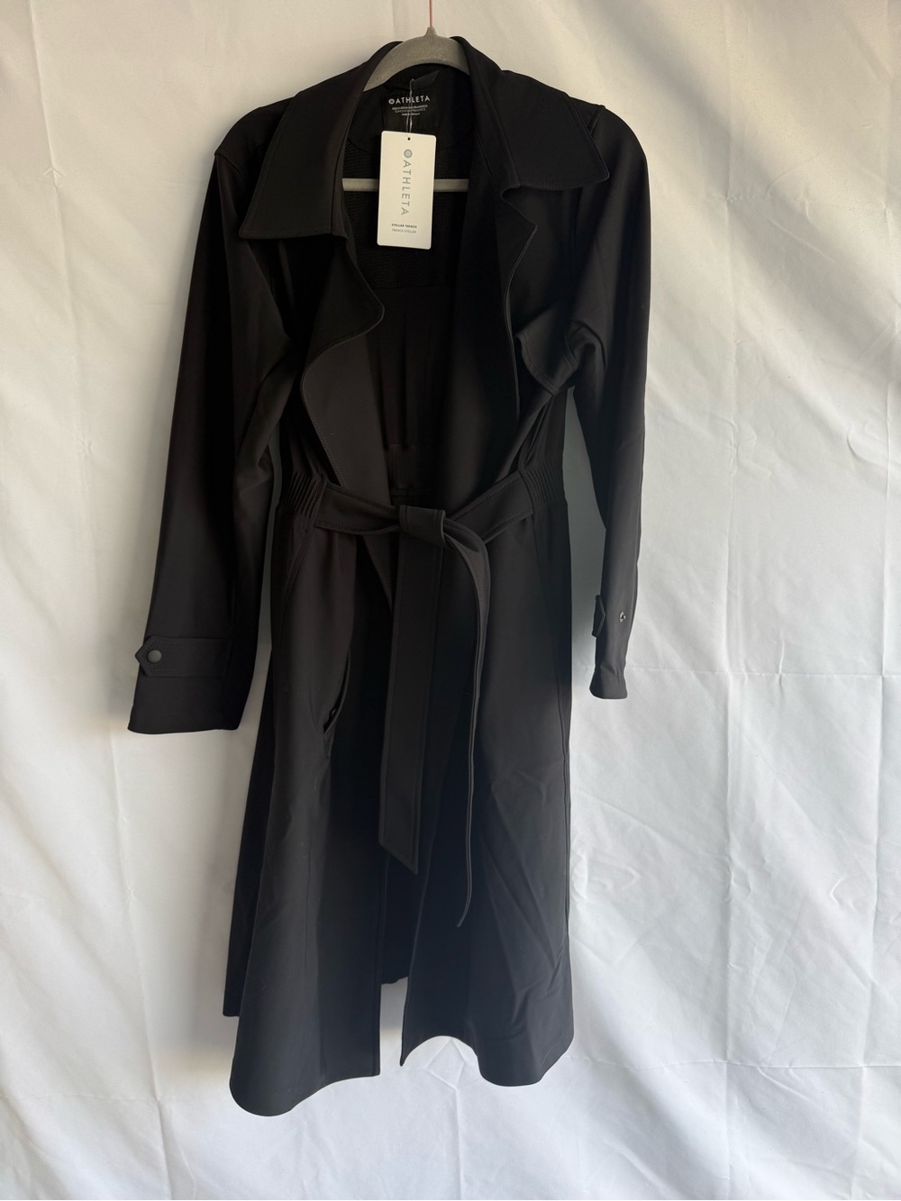 Athleta Stellar Trench Coat Black Belted Stretch Women’s Large NWT